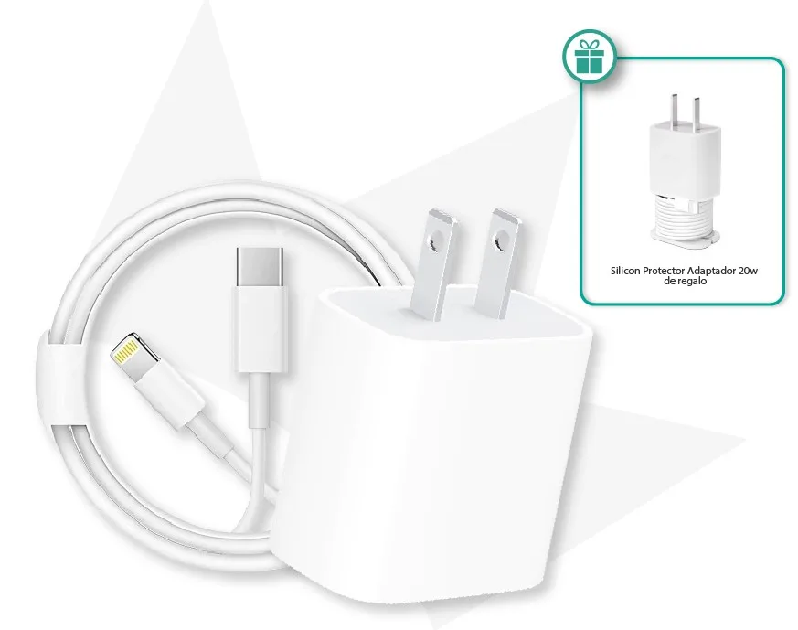 Pack - (Apple) Cable Type C - Lightning - 1 Metro + (Apple) Cube Quick Charging 20W + Silicon Protector Adaptador 20w de regalo