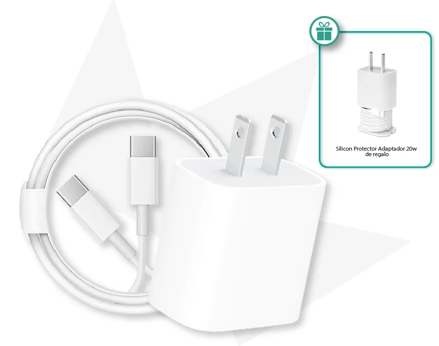 Pack - (Apple) Cube Quick Charging 20W + (Apple) Cable Type C - Type C 1Metro + Silicon Protector Adaptador 20w De Regalo